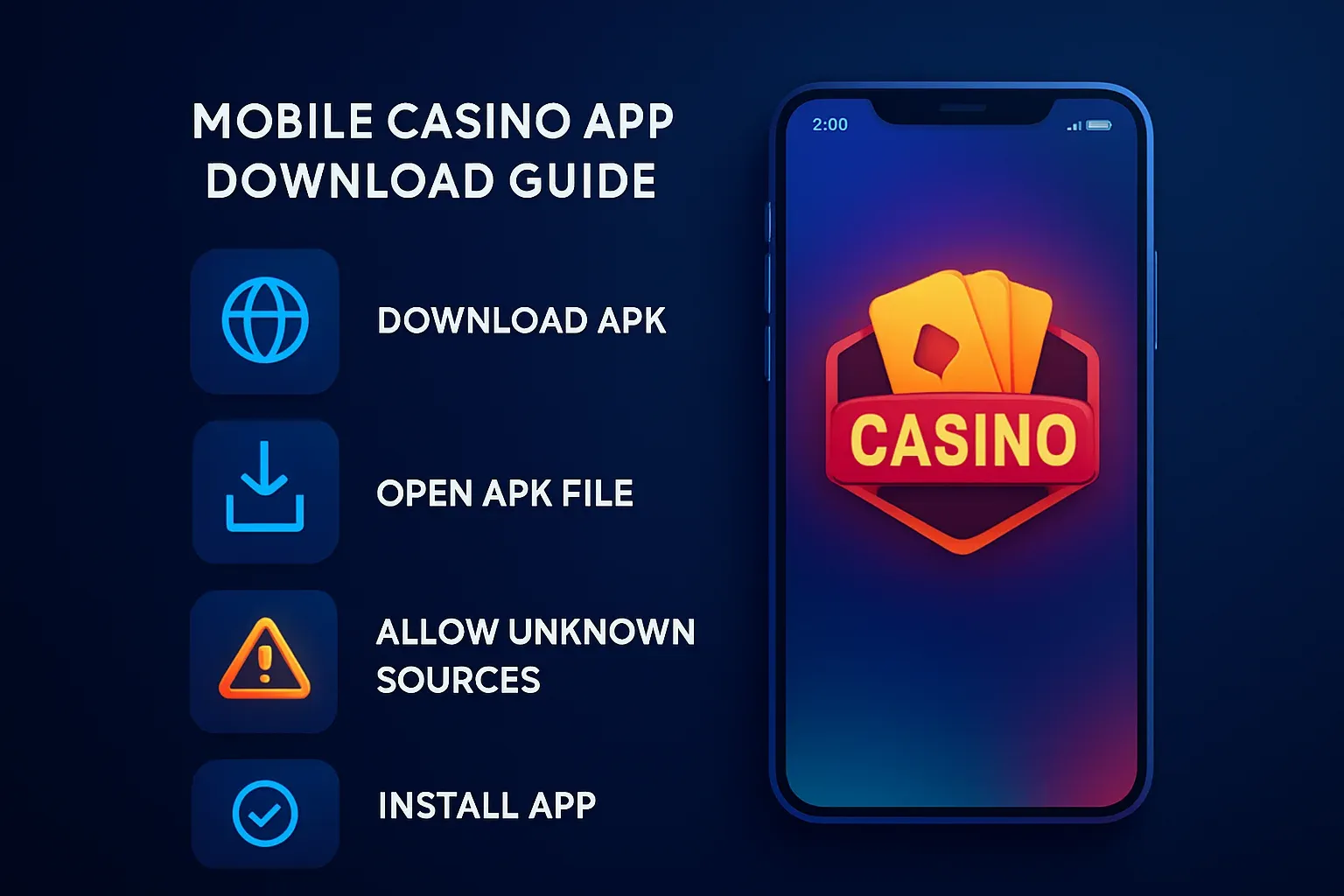 Step-by-step infographic showing Android phone APK casino app installation