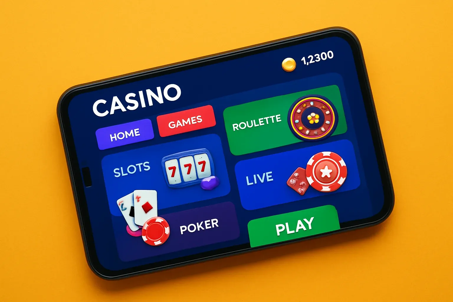Android smartphone mockup showing casino mobile app game lobby interface