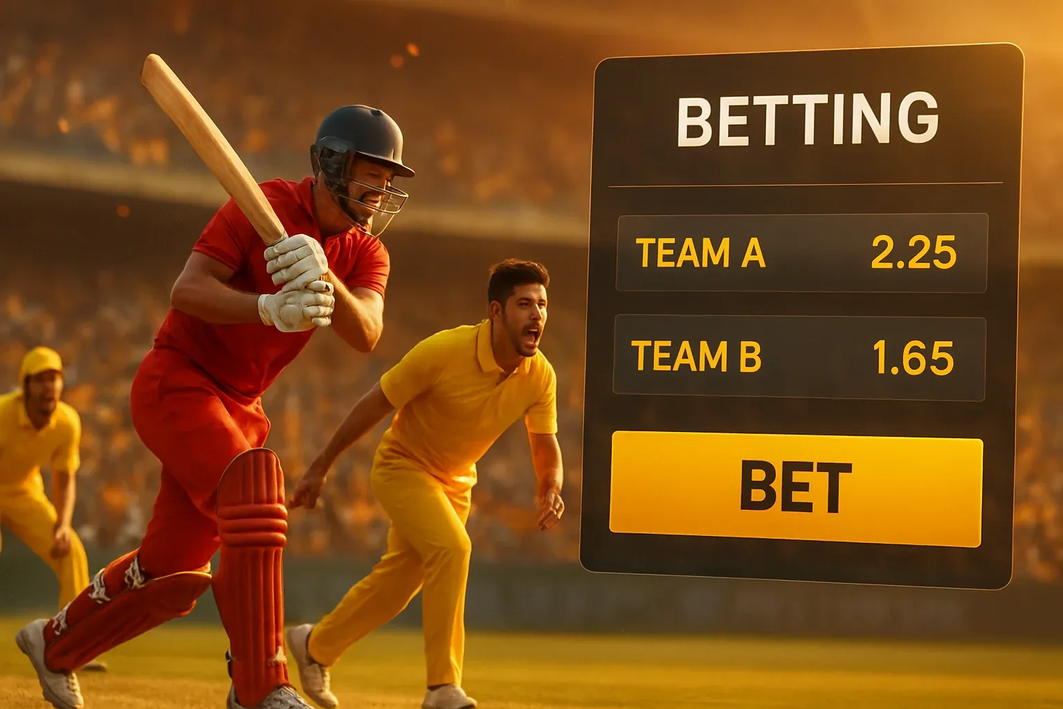 Sports betting banner with cricket action, stadium crowd, and interface overlay
