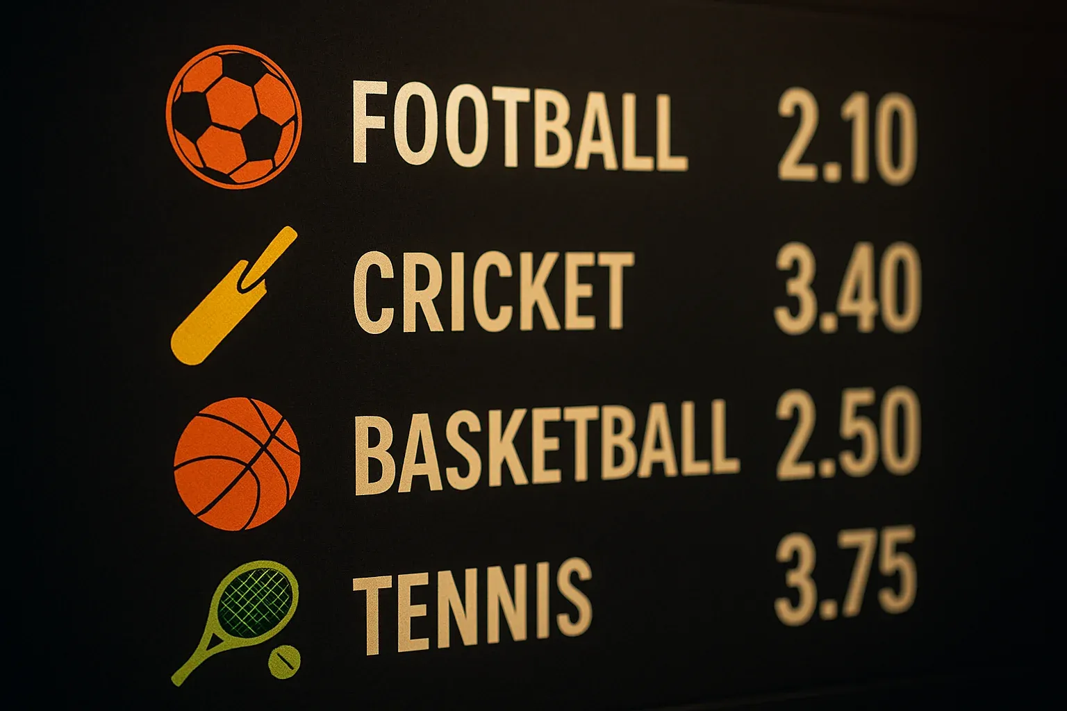 Sports betting markets display with football cricket basketball tennis icons and odds
