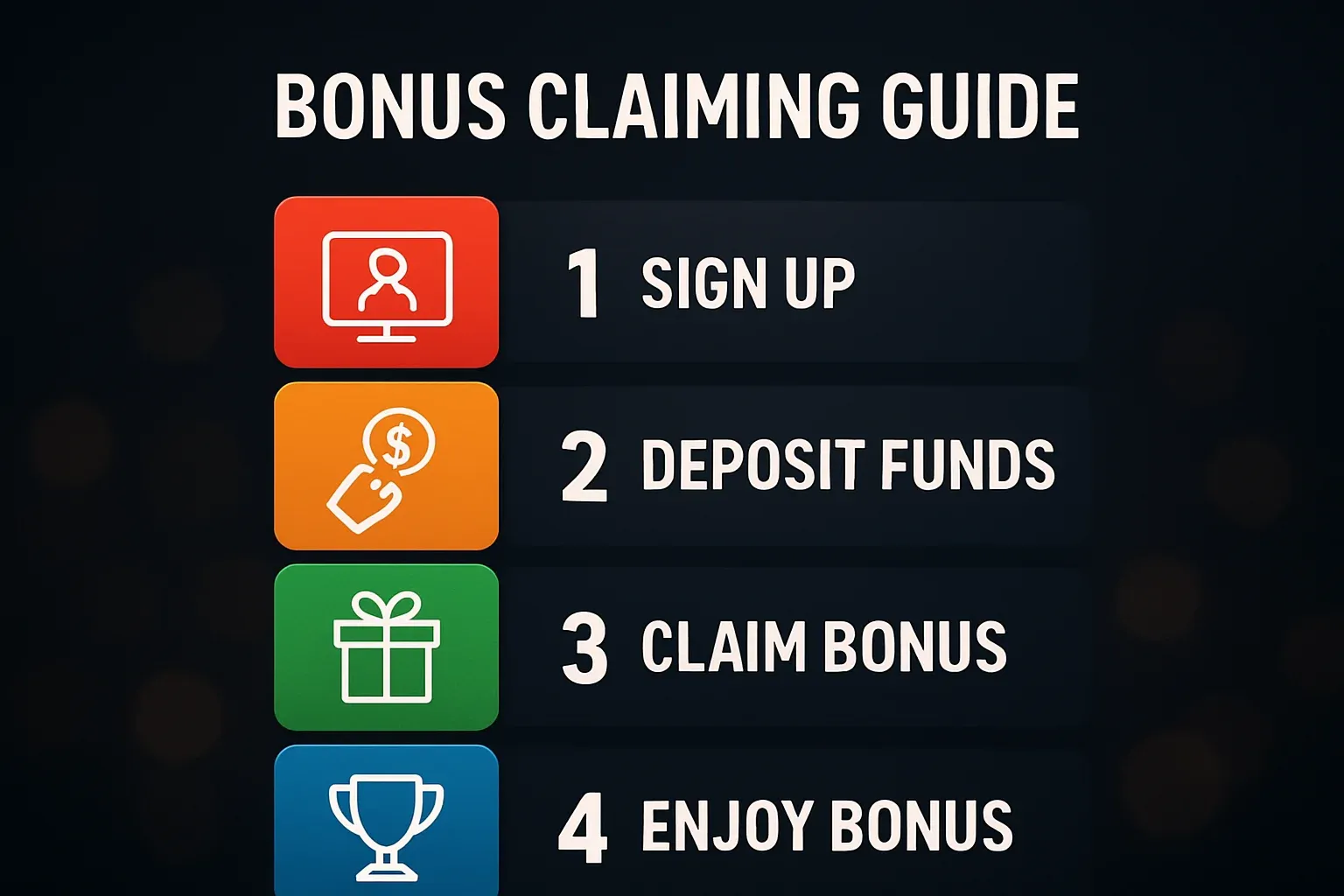 Modern infographic showing 1-2-3-4 bonus claiming steps on dark background