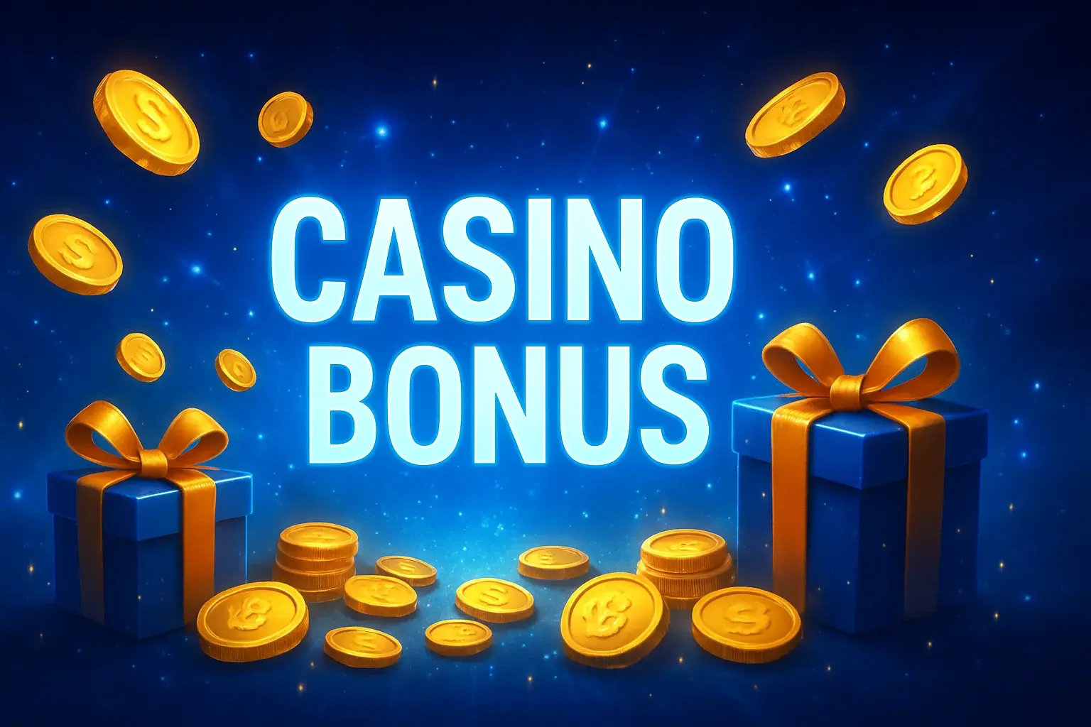 Casino bonus banner with golden coins, gift boxes, and sparkles