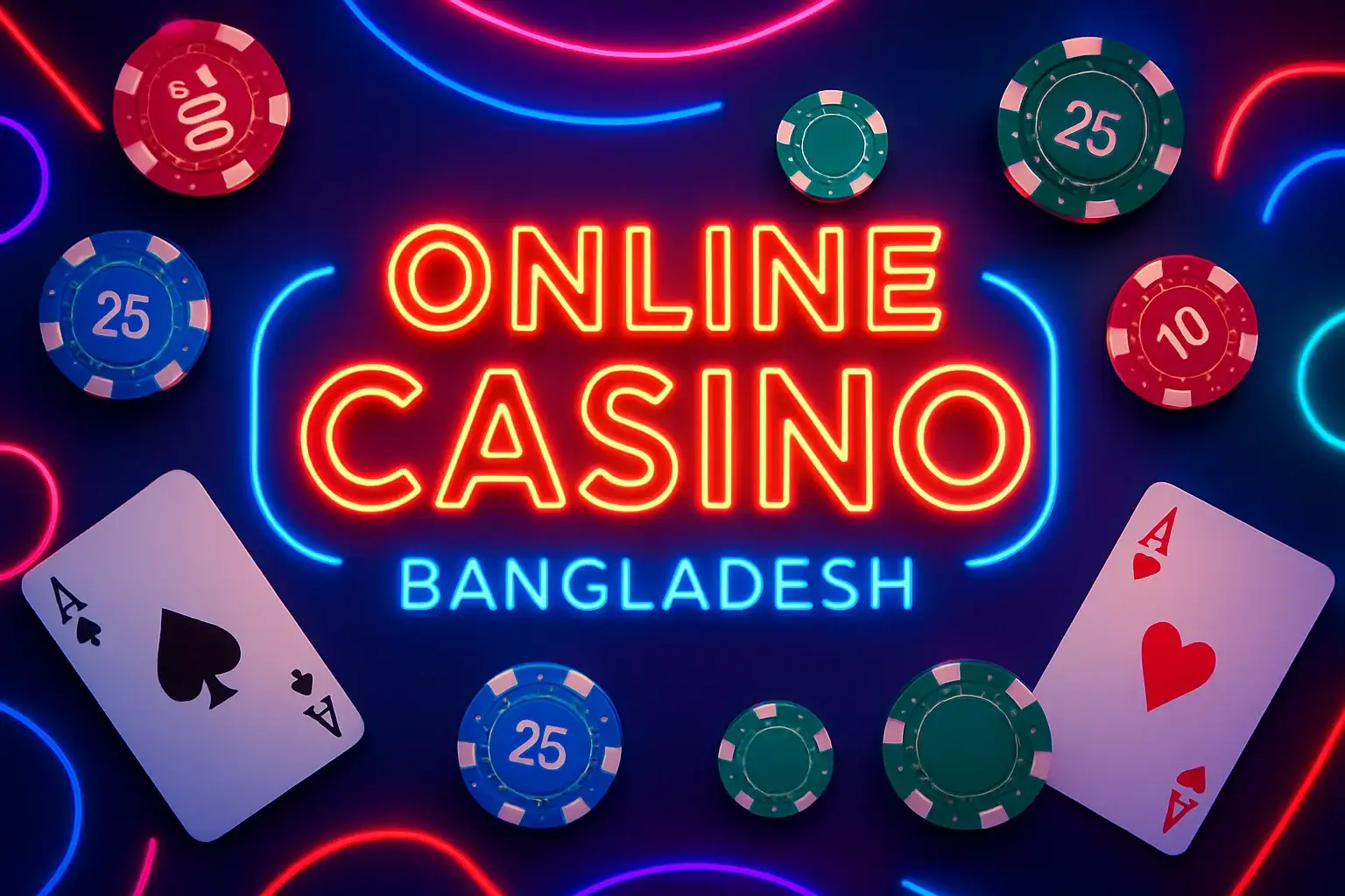 Luxury online casino hero banner with neon lights, chips and cards