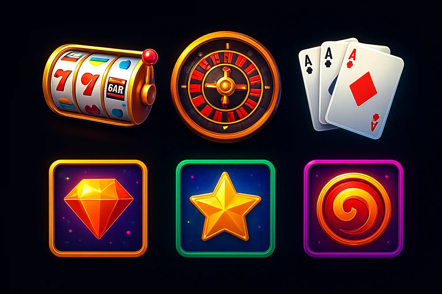 Popular casino game icons with slots, roulette, cards on dark background