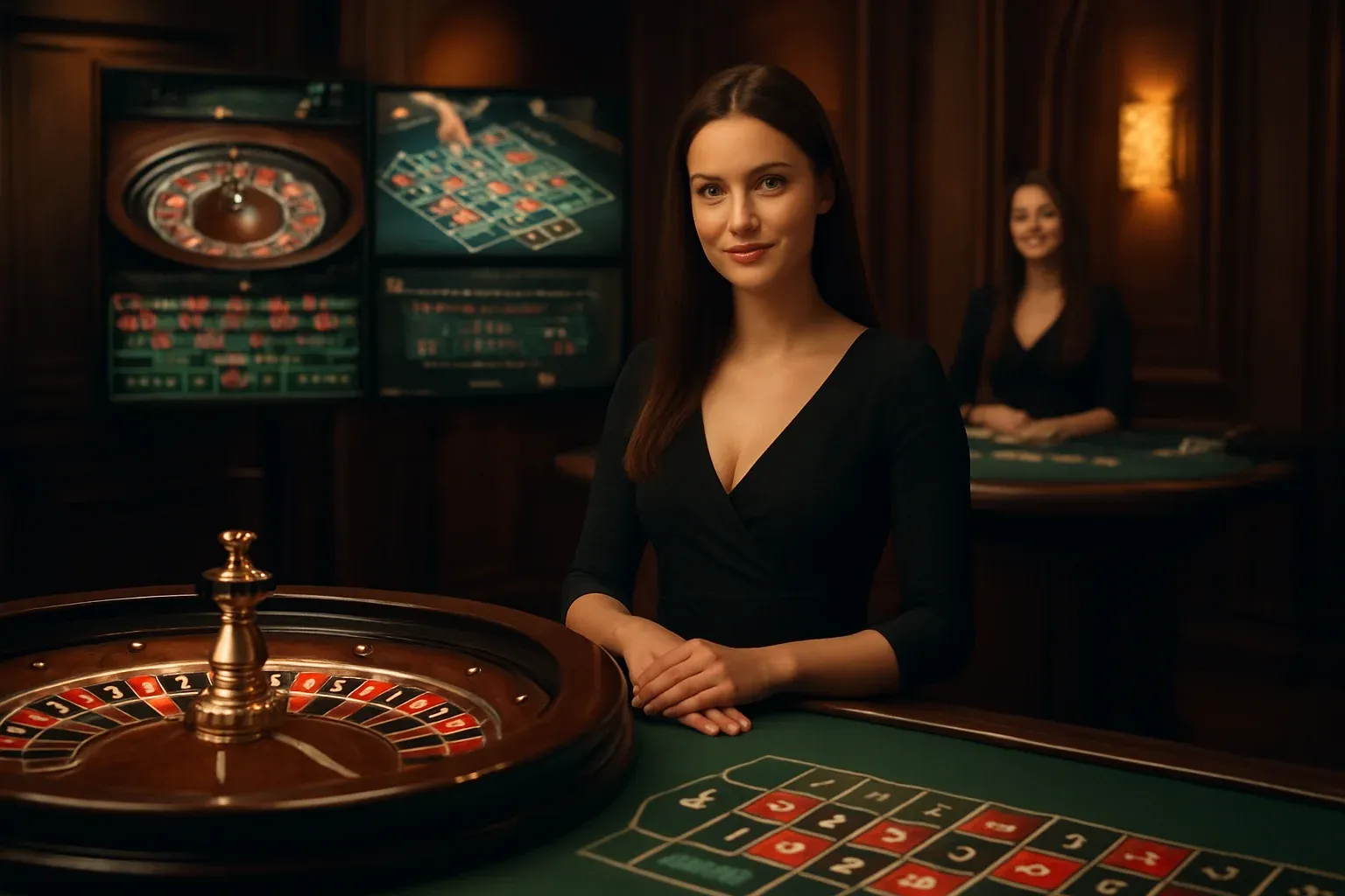 Elegant live casino studio with professional dealers and roulette blackjack screens