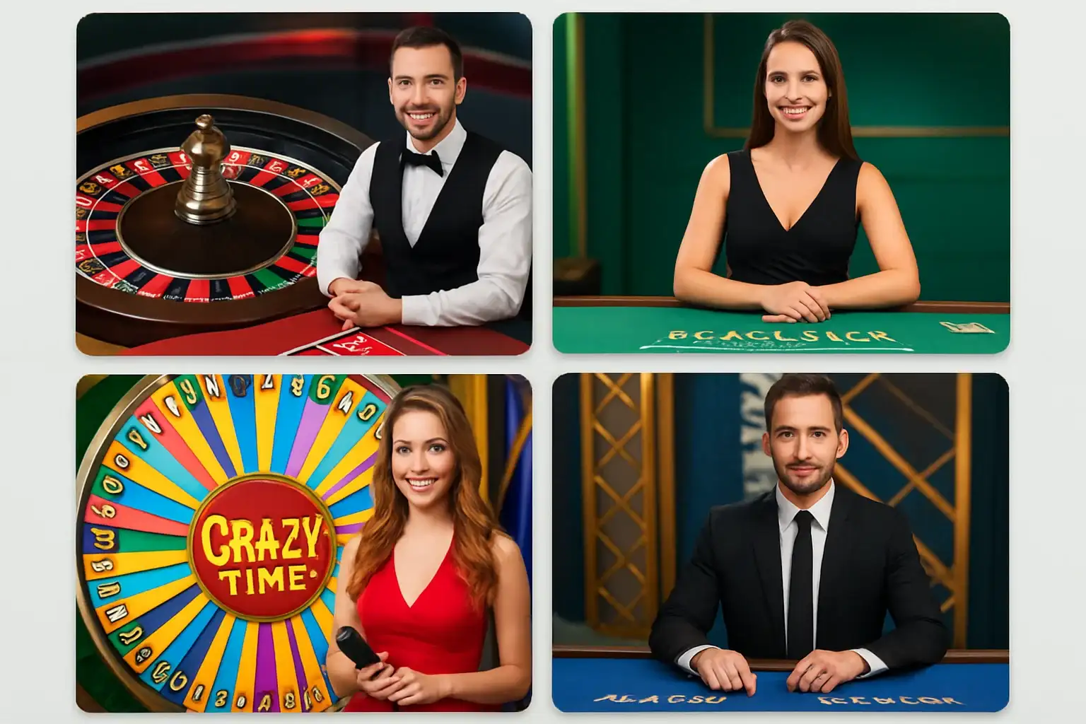 Vivid live casino game cards with roulette, blackjack, Crazy Time, and dealer