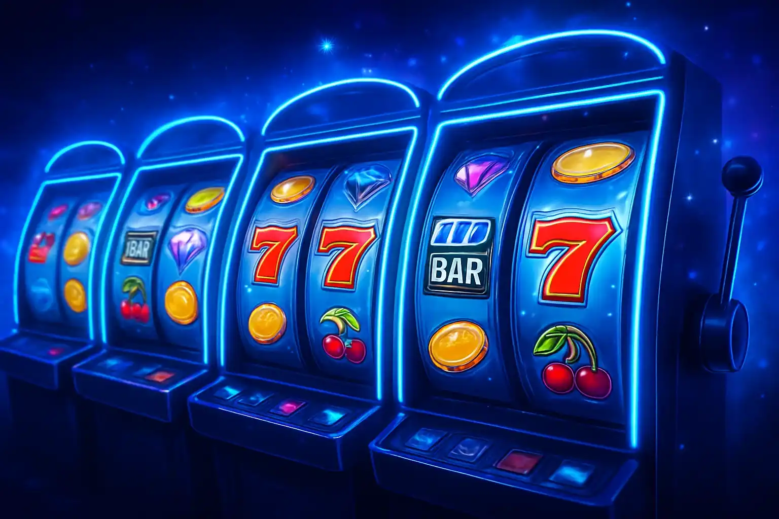 Colorful casino slot machines collage with reels, coins, diamonds, and 7s