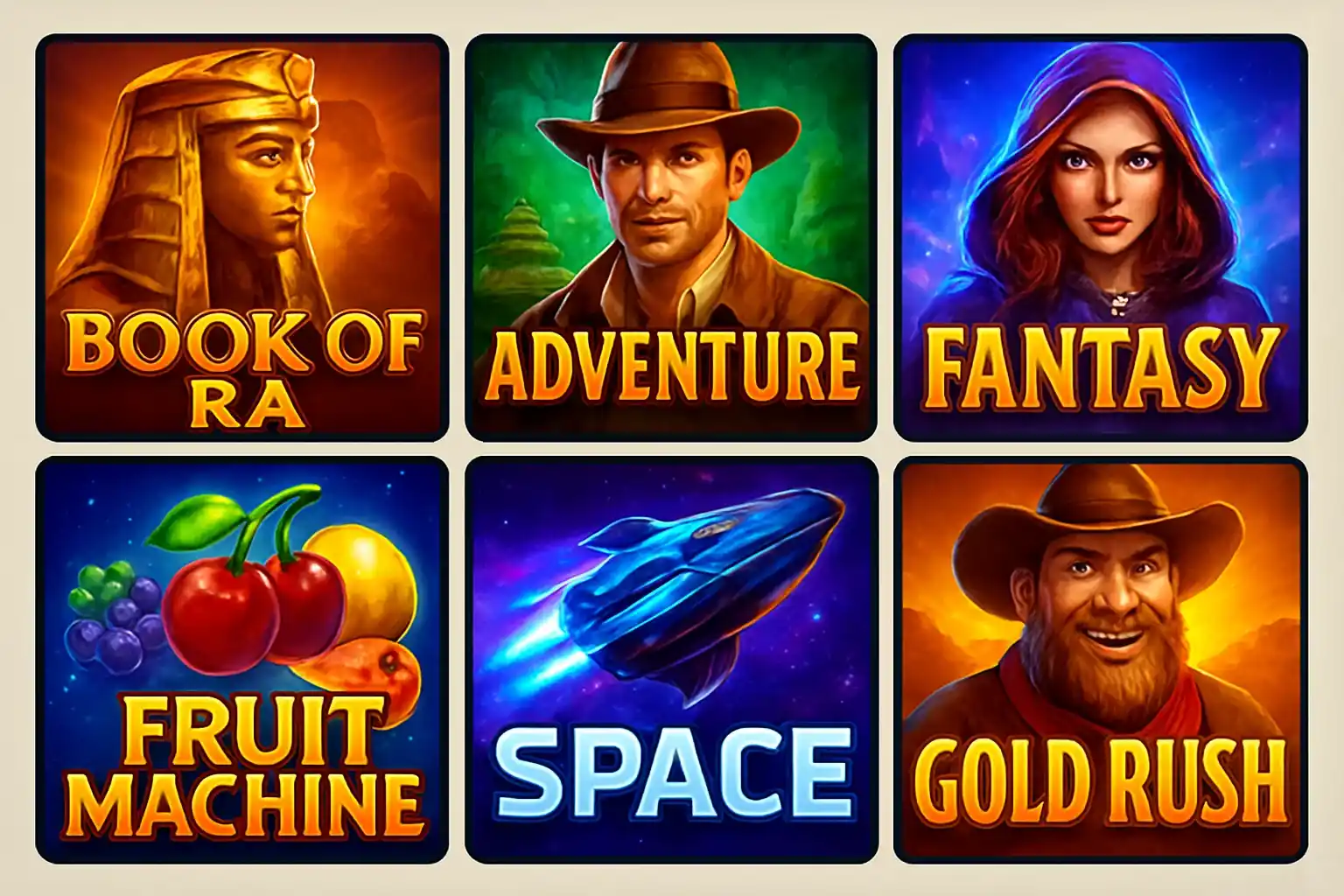 Grid of popular slot game thumbnails with Egypt, fantasy, fruit, sci-fi themes